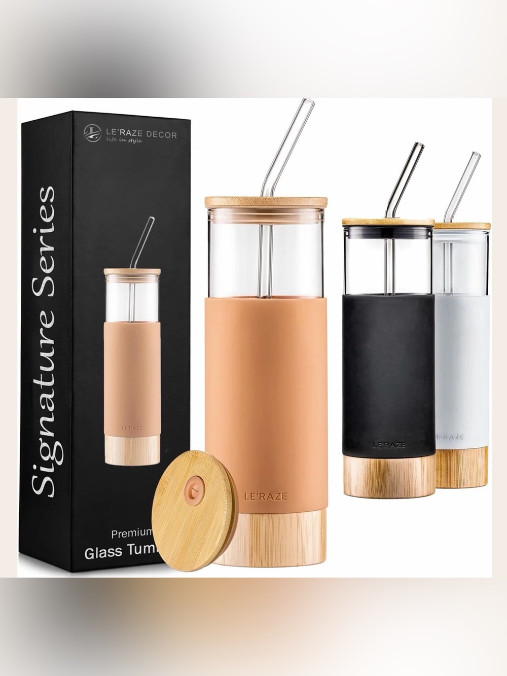 20oz Glass Tumbler Cup w/ Straw, Bamboo Lid & Base w/ Protective Silicone Sleeve